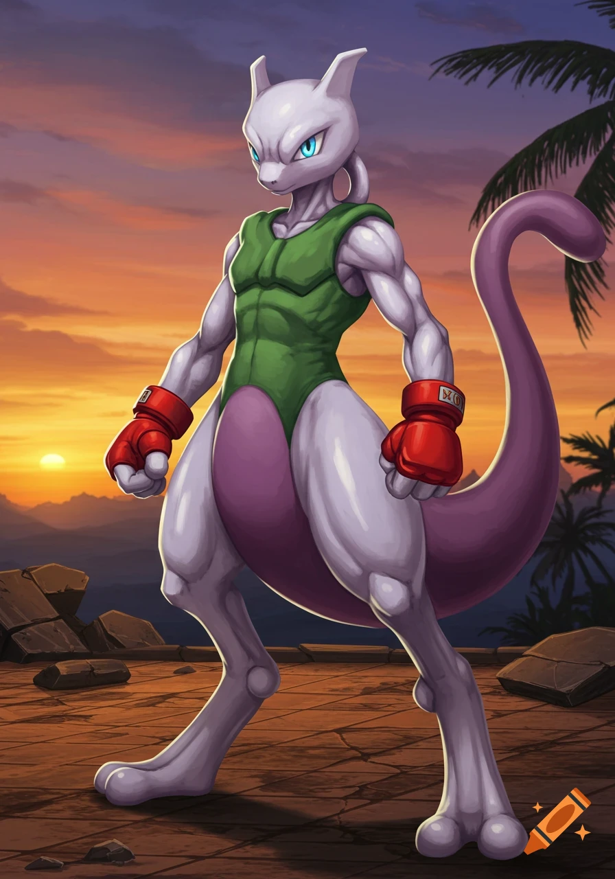 Mewtwo in a green leotard and red boxing gloves stands against a sunset backdrop with palm trees.
