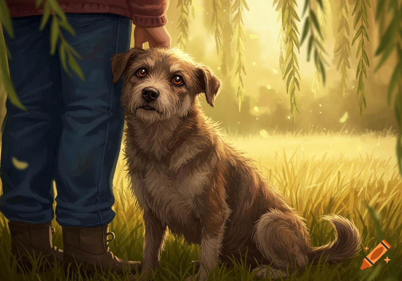 A scruffy brown dog sits in a golden, grassy field while a person gently pets its head, digital illustration.