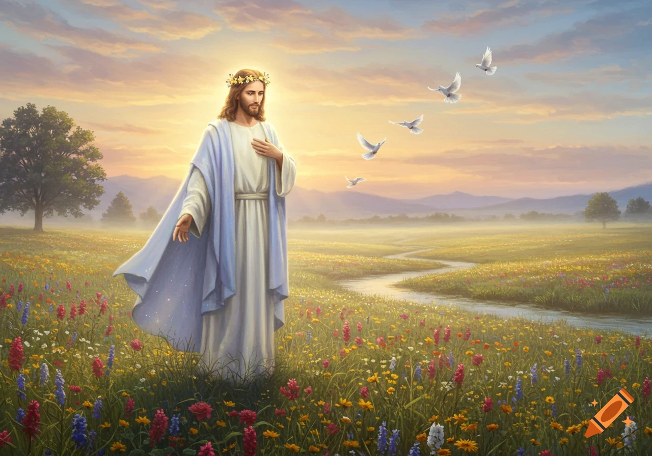 Jesus standing in a vibrant wildflower field at sunset with doves flying, in a painterly style.