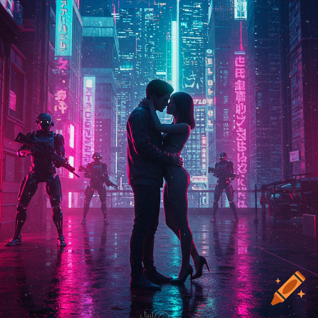 A couple embraces and kisses in a neon-lit cyberpunk city street, surrounded by armed robot guards.