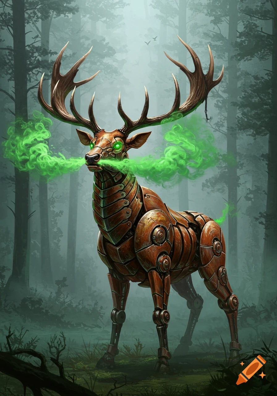 A majestic steampunk elk with glowing green eyes and green vapor emanating from its snout stands in a mystical forest.