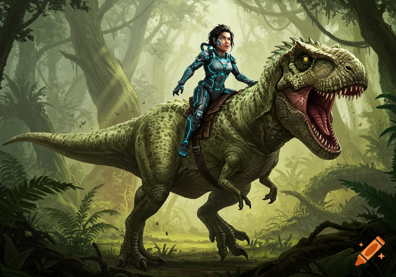 A woman in a futuristic teal and black suit rides a large T-Rex through a lush, misty jungle, digital art.
