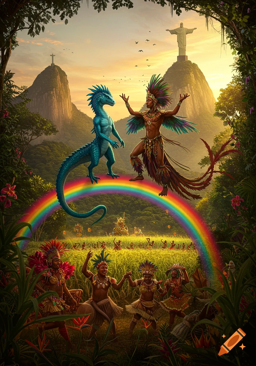 A blue dragon and a person in a vibrant feathered costume stand on a rainbow over a lush jungle and a field of dancing people, with Christ the Redeemer in the background.