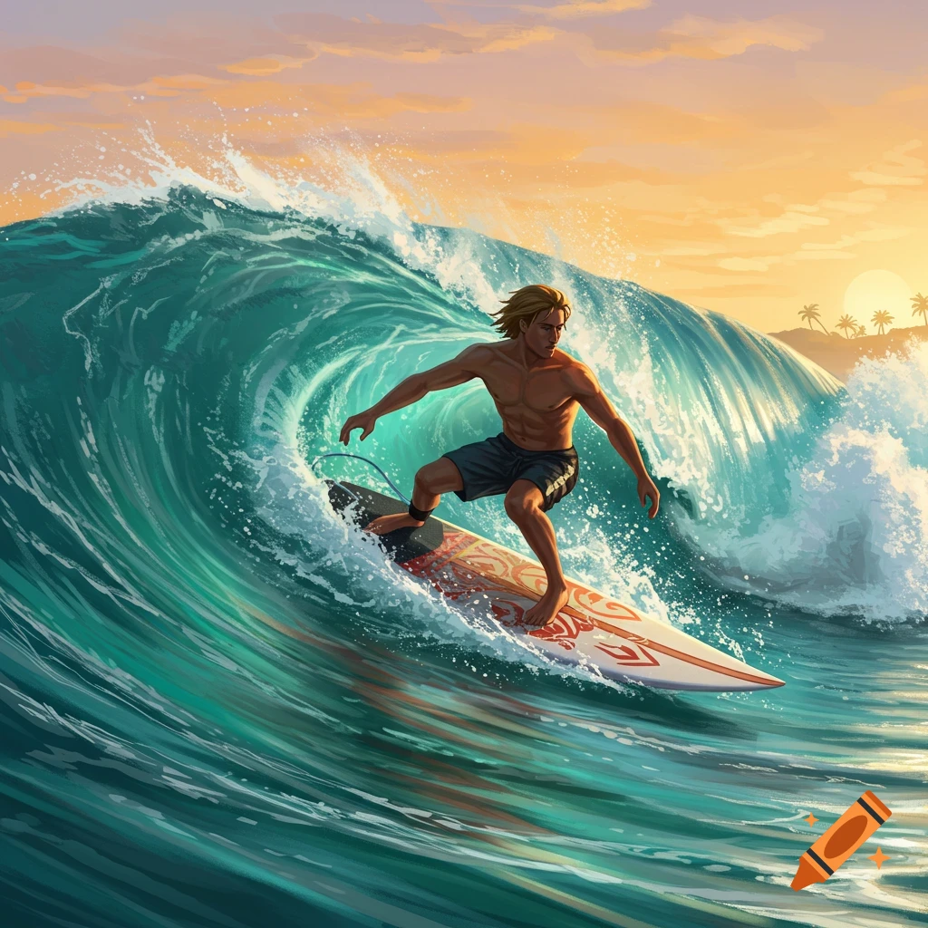 A blonde male surfer rides a large turquoise ocean wave with a tropical sunset background in digital art style.