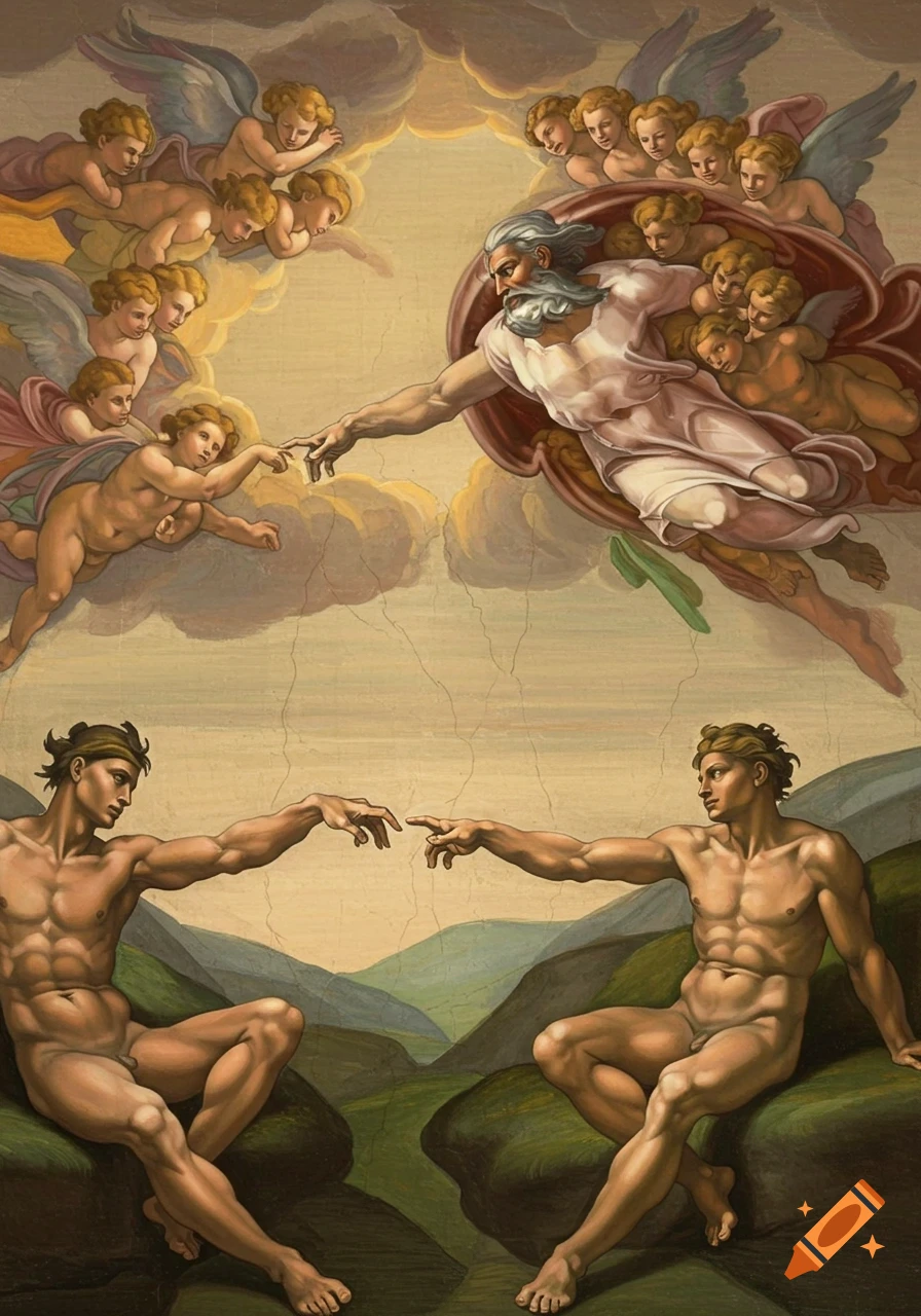 A detailed classical painting depicting God, surrounded by angels, reaching out to touch Adam's outstretched finger, in the style of Michelangelo.
