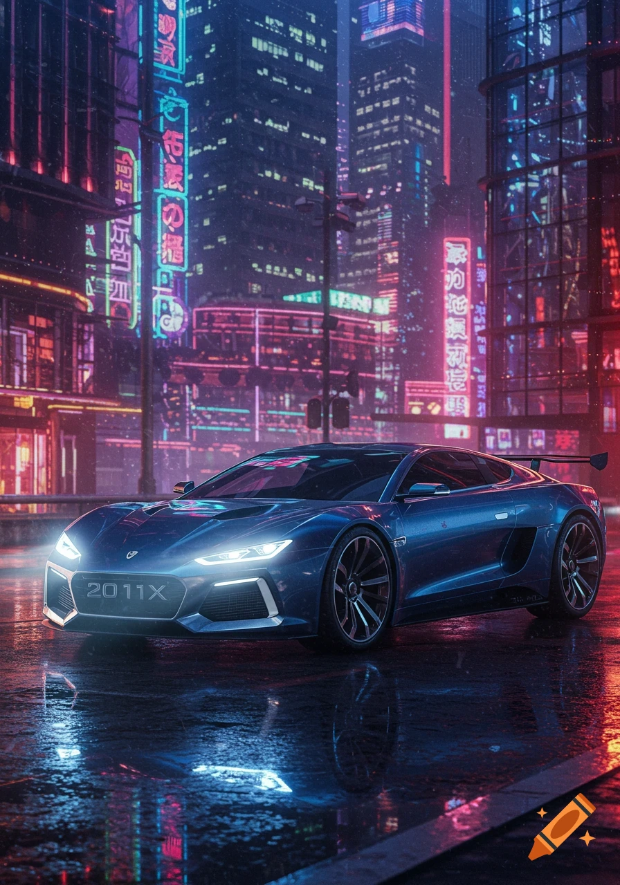 A sleek blue sports car with glowing headlights parked on a wet street in a vibrant cyberpunk city lit by neon signs at night.