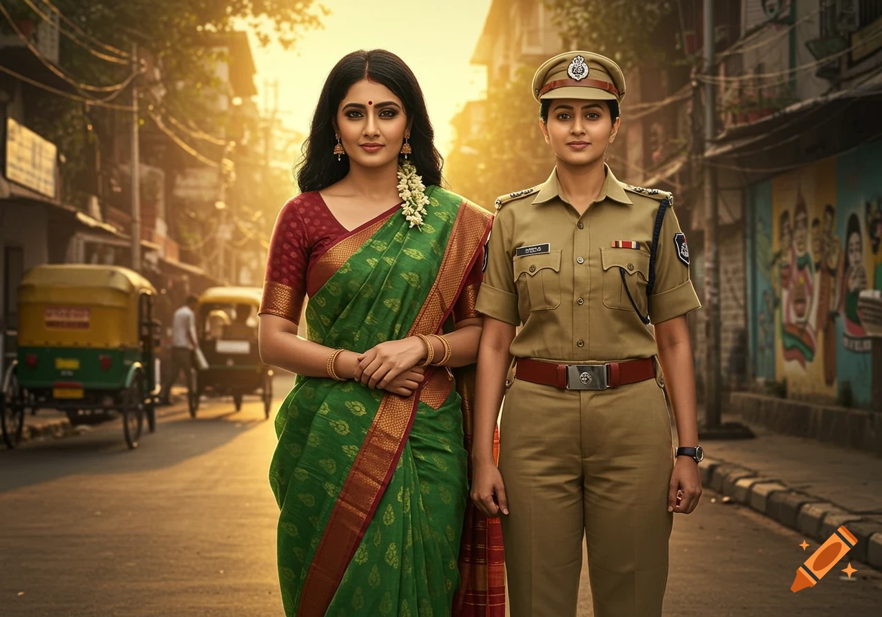 Two Indian women, one in a green and red saree and the other in a khaki police uniform, stand on a sunlit urban street with auto-rickshaws in the background, looking at the viewer in a photorealistic style.