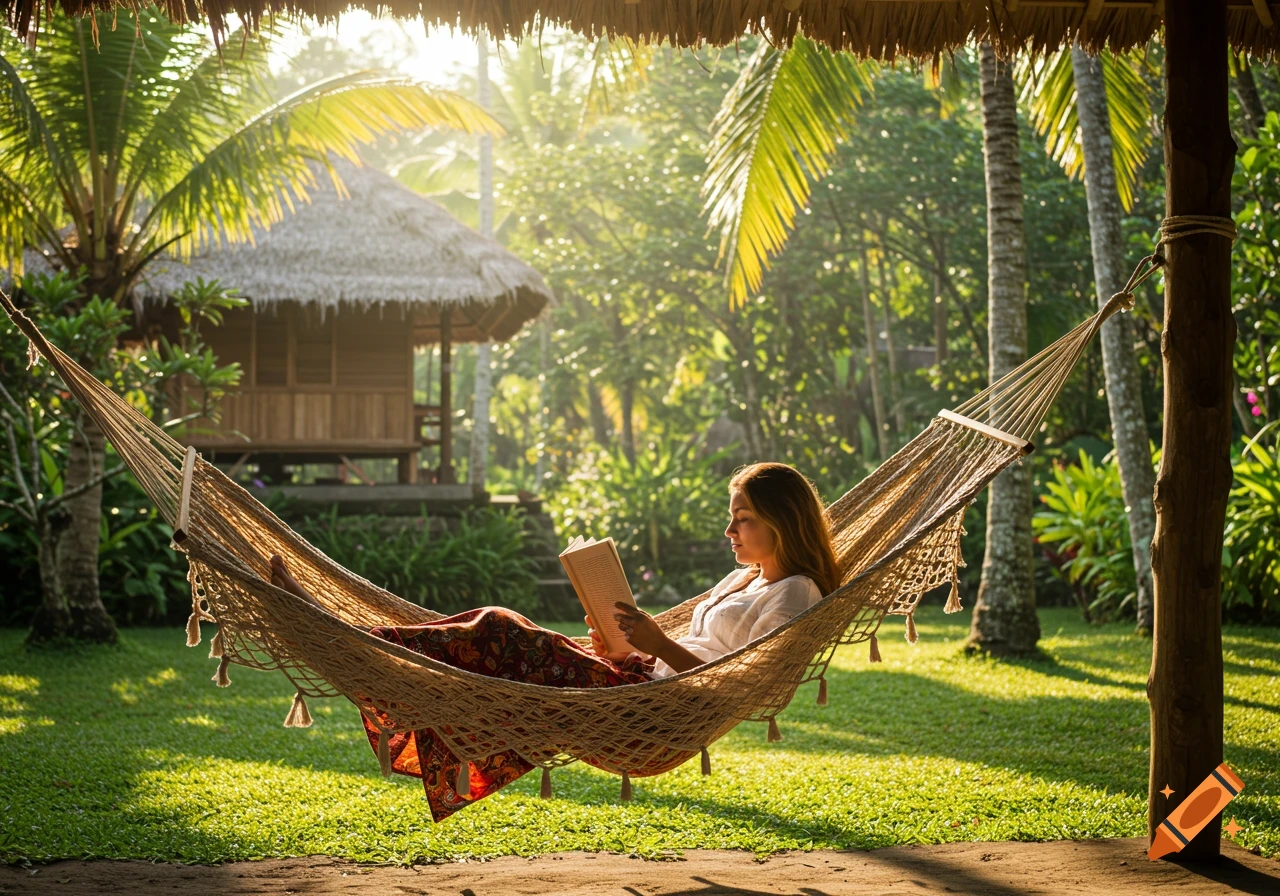 Woman reading a book in a hammock, surrounded by tropical palm trees and a thatched hut in sunny Ubud, Bali. Photorealistic.