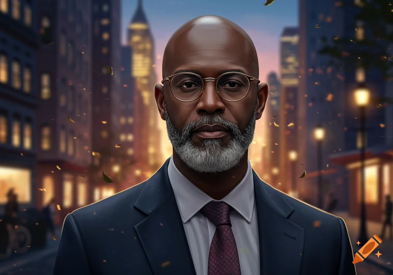 Photorealistic portrait of a bald man with glasses and a gray beard in a suit, against a blurred cityscape at dusk.