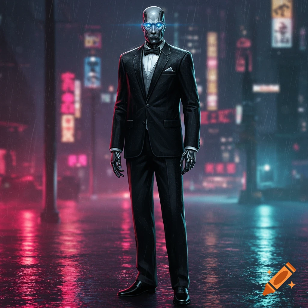 A stoic cyborg in a black tuxedo stands in a rainy, neon-lit cyberpunk city street.