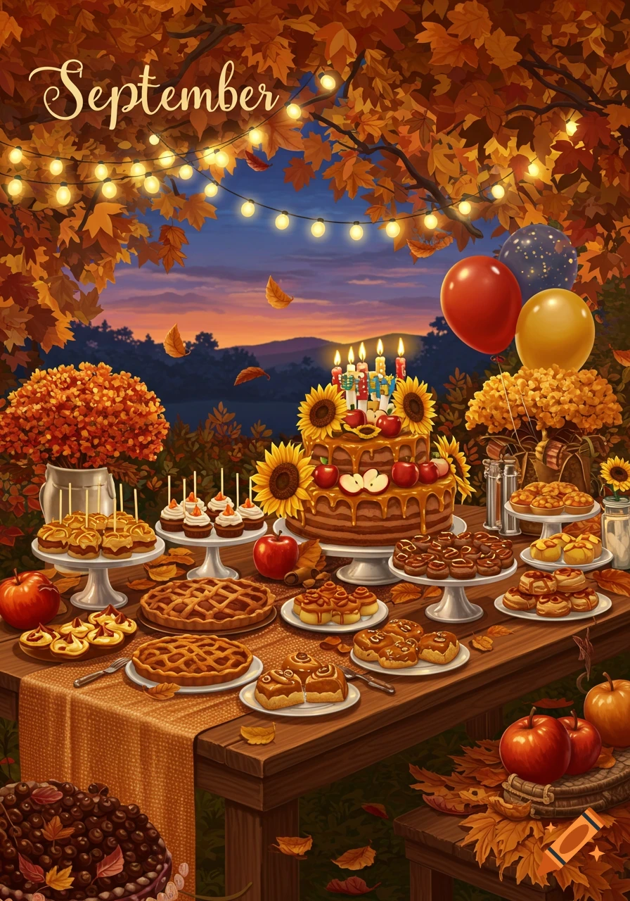 A festive autumn birthday table with a cake, pies, and desserts under a canopy of fall leaves and string lights. Text says 'September'.