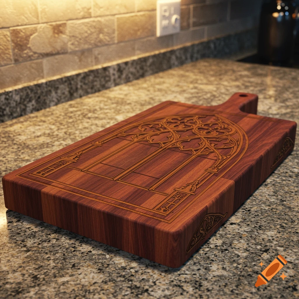 A dark wooden cutting board with an intricate carved gothic window design, resting on a speckled granite kitchen countertop.