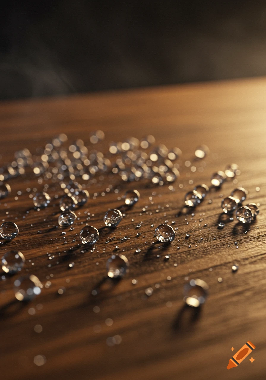 Close-up of clear droplets on a dark wooden table with a shallow depth of field.