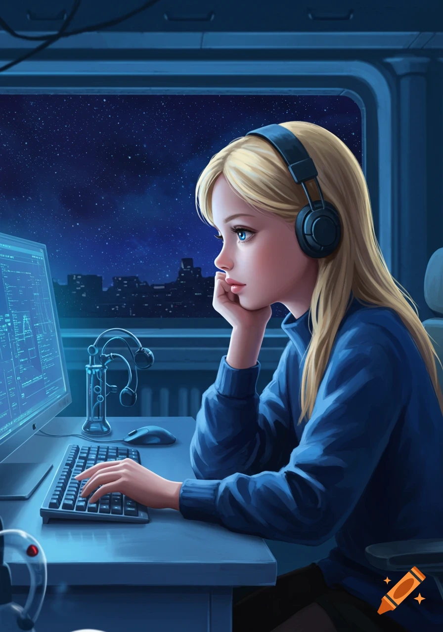 A blonde girl with headphones intently types on a computer in a spaceship-like setting, looking out at a starry night sky.