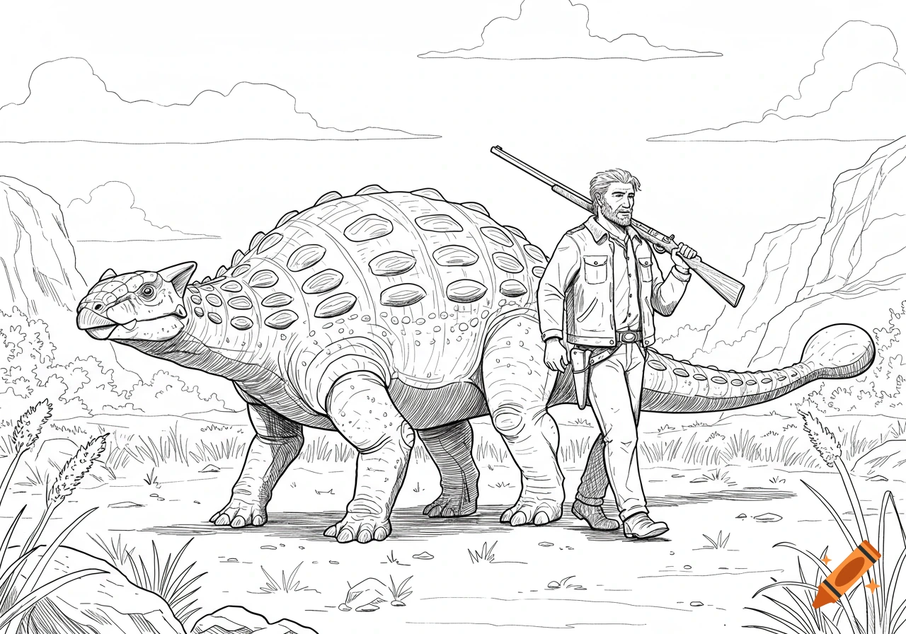 Black and white line art coloring page of a man with a rifle walking alongside an Ankylosaurus in a wild landscape.