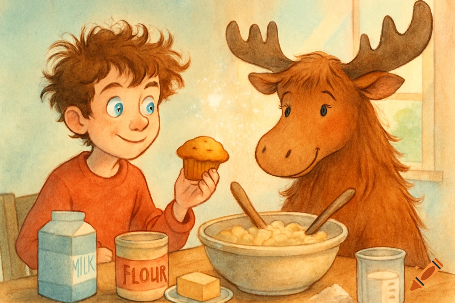 A curly-haired boy offers a muffin to a brown cartoon moose at a table with baking ingredients, in a children's book illustration style.