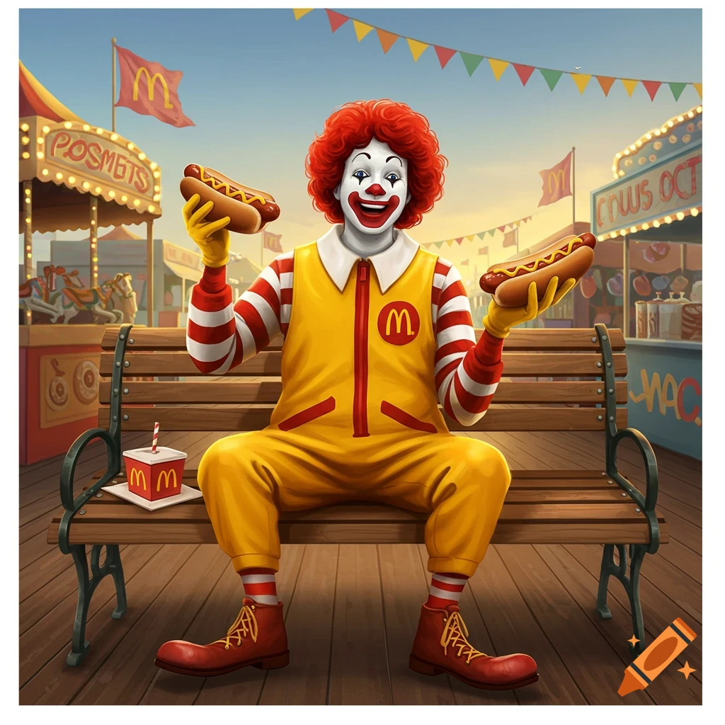 Ronald McDonald, dressed in his yellow and red uniform, sits on a park bench at a colorful fairground, happily holding a hotdog in each hand.