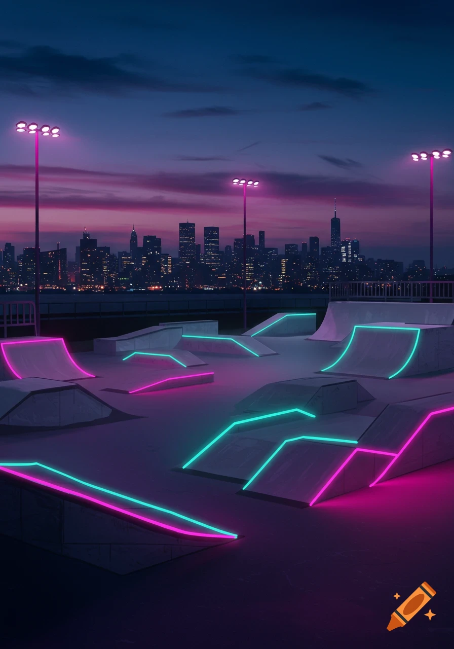 Vibrant night shot of a skatepark with pink and teal neon lights, set against a dark city skyline at dusk.