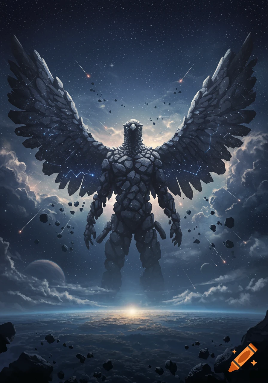 A giant anthropomorphic bird made of asteroid rocks stands in space above a planet, with stars, clouds, and meteorites.