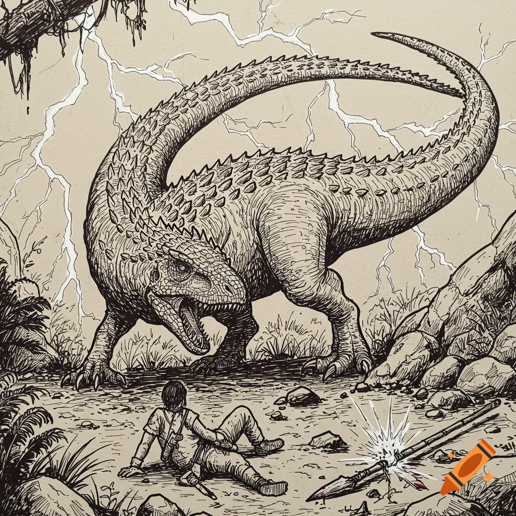 Ink sketch of a spiky dinosaur roaring over a fallen person, with lightning and a bloody spear.