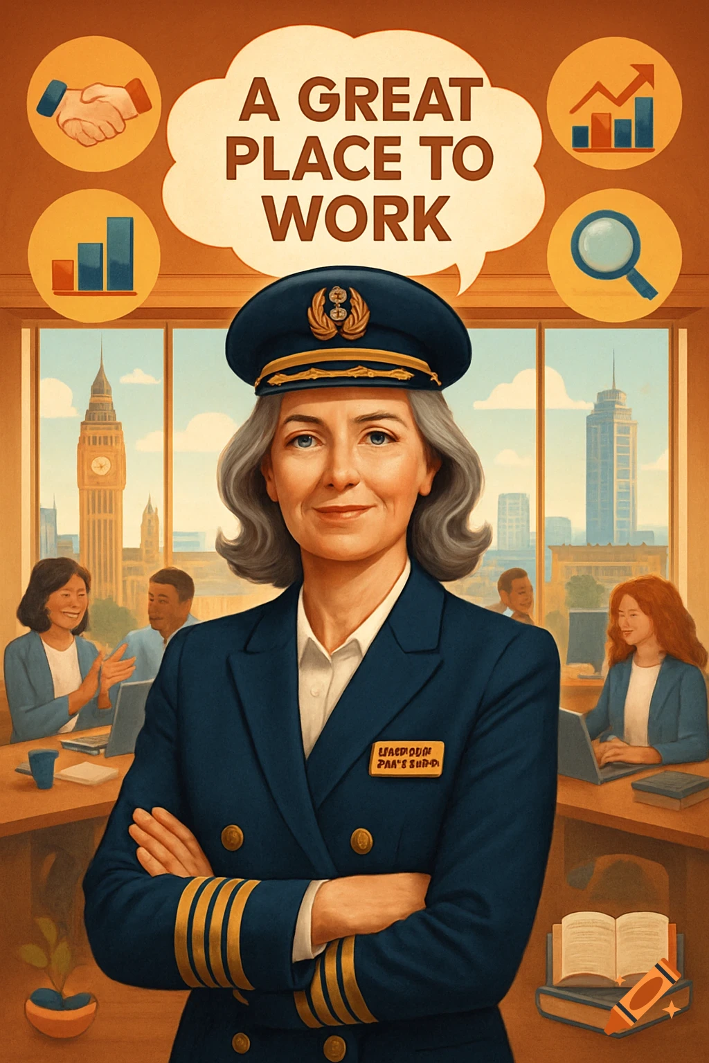 Woman captain in uniform stands in a bright office with city views, text 'A GREAT PLACE TO WORK' above, and HR-related icons.