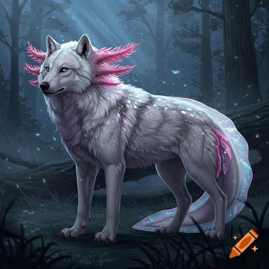 A majestic white wolf-axolotl hybrid with pink feathery gills and a sparkling body stands in a mystical, dark forest with light rays. Digital painting.