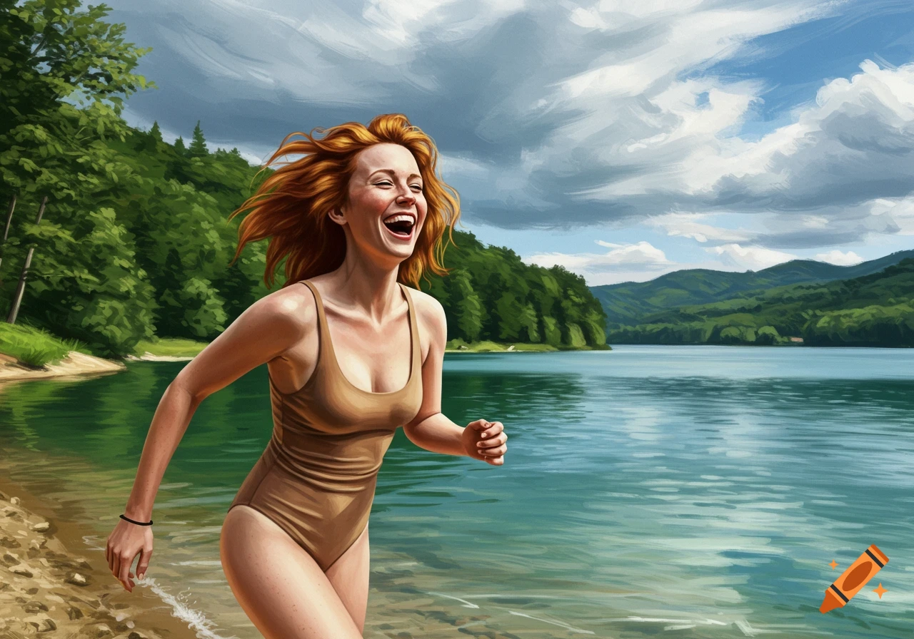 A laughing ginger woman in a swimsuit runs by a lake, surrounded by green mountains under a cloudy sky, digital painting.