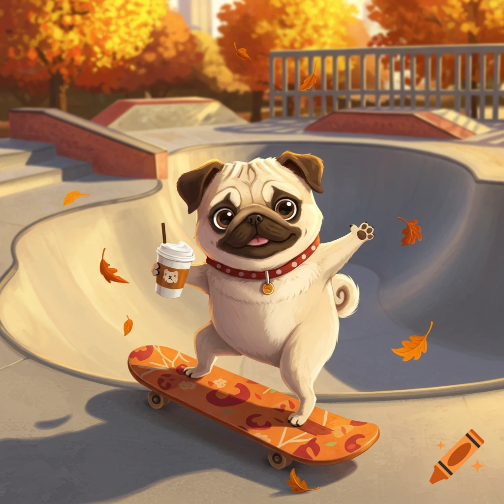A happy cartoon pug on a skateboard holds a coffee cup in a vibrant autumn skate park.