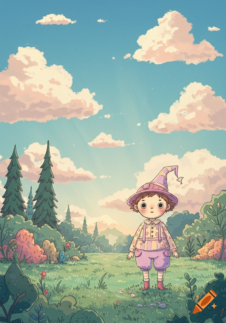 A whimsical illustration of a child in a pink wizard hat and overalls standing in a grassy meadow with trees and clouds.