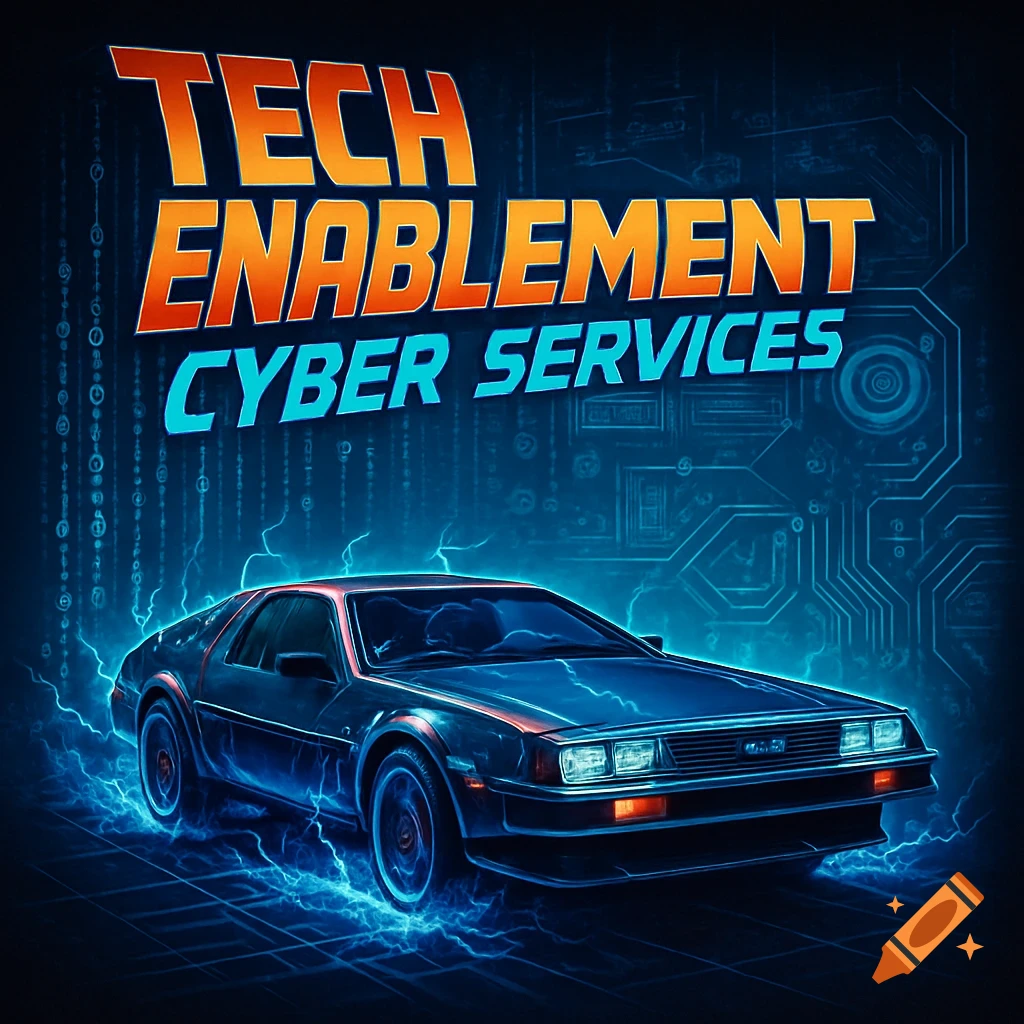 A retro-futuristic car, similar to a DeLorean, with blue lightning and circuit patterns on a dark background. Text reads 'TECH ENABLEMENT CYBER SERVICES' in an 80s poster style.