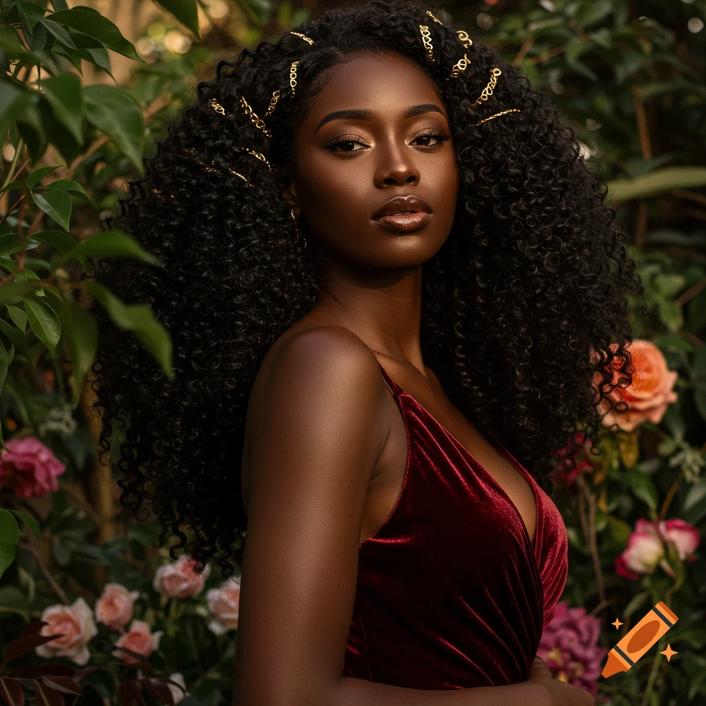 Portrait of a Black woman with curly hair and golden accessories, wearing a red velvet dress in a garden with roses.