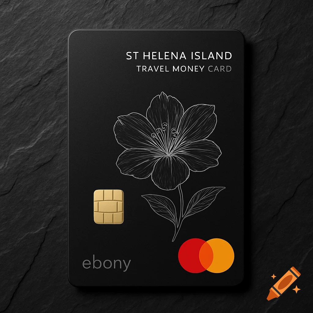Photorealistic matte black St Helena Island Travel Money Card with an ebony flower illustration and Mastercard logo.