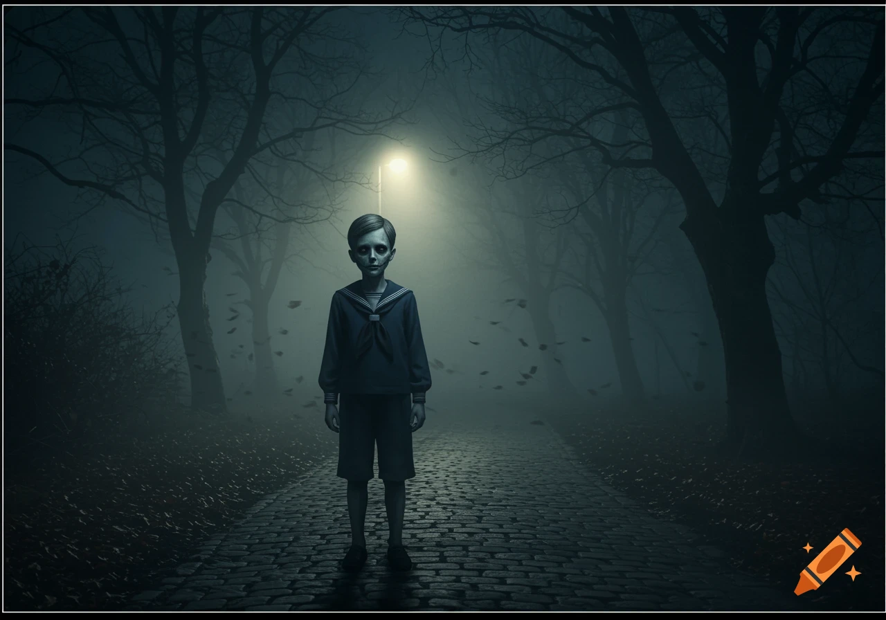 A creepy, pale boy in a sailor suit stands on a cobblestone path in a dark, foggy forest under a streetlamp.