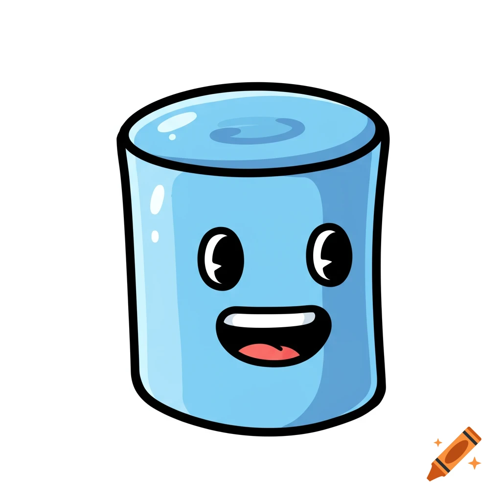 A happy, light blue cartoon cylinder with big eyes and a wide open smile on a white background.