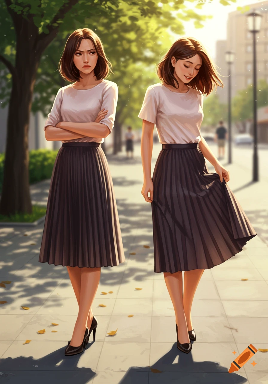 Two illustrated women on a sunny street, one annoyed with arms crossed, the other smiling and adjusting her pleated skirt.