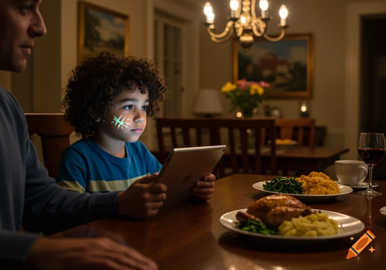 A father and son at a dinner table. The boy, Elijah, looks intently at a tablet, which casts a glow onto his face, creating bright patterns.