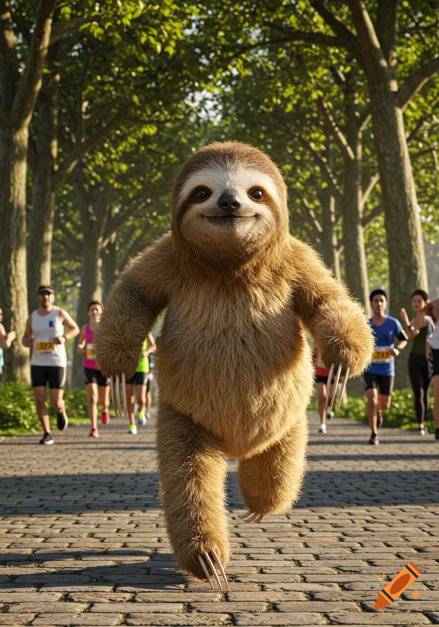 A happy, hyper-realistic, furry sloth runs a marathon on a paved path lined with trees, with human runners in the background.