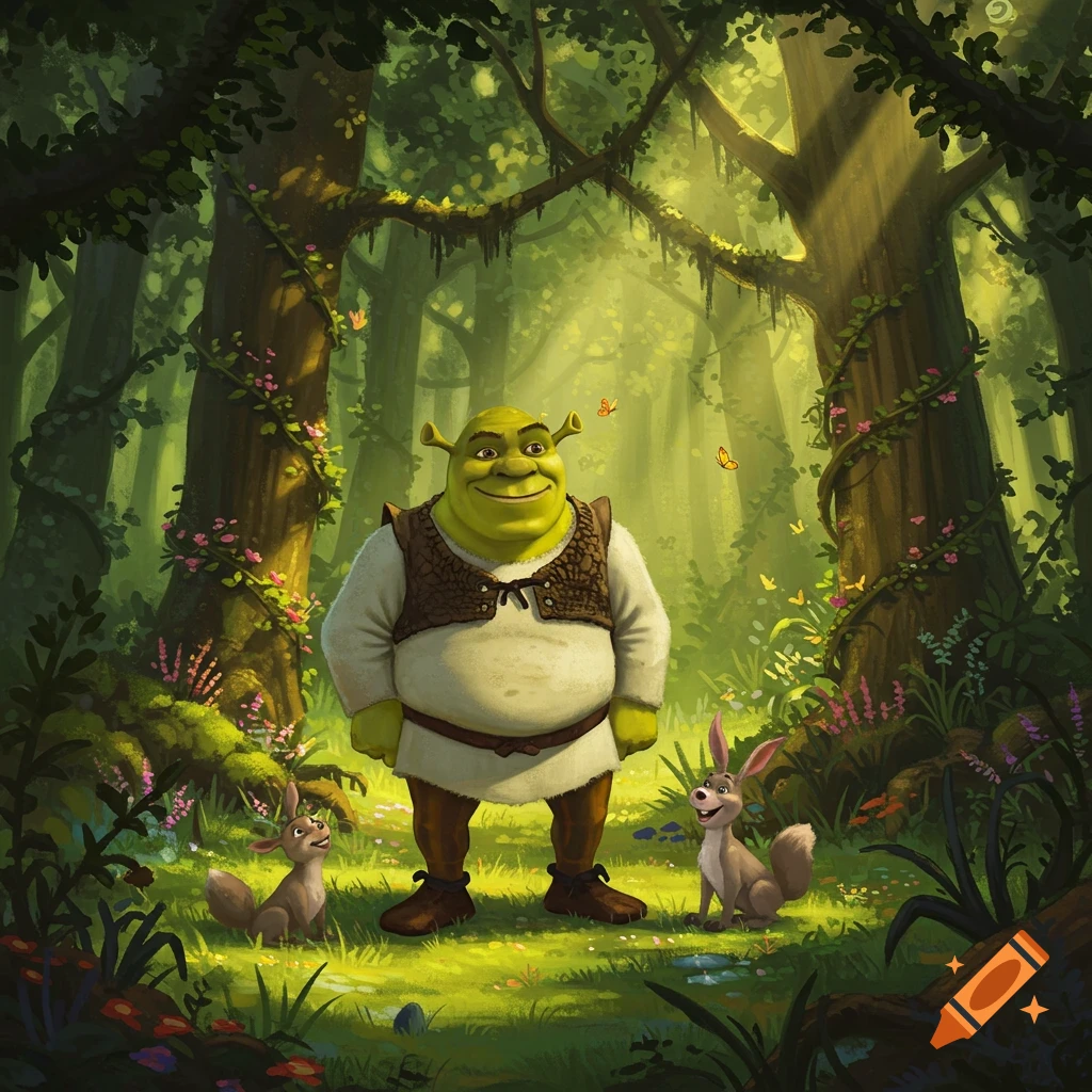 Shrek stands smiling in a vibrant, sunlit green forest, with two small rabbit-like creatures on either side of him.