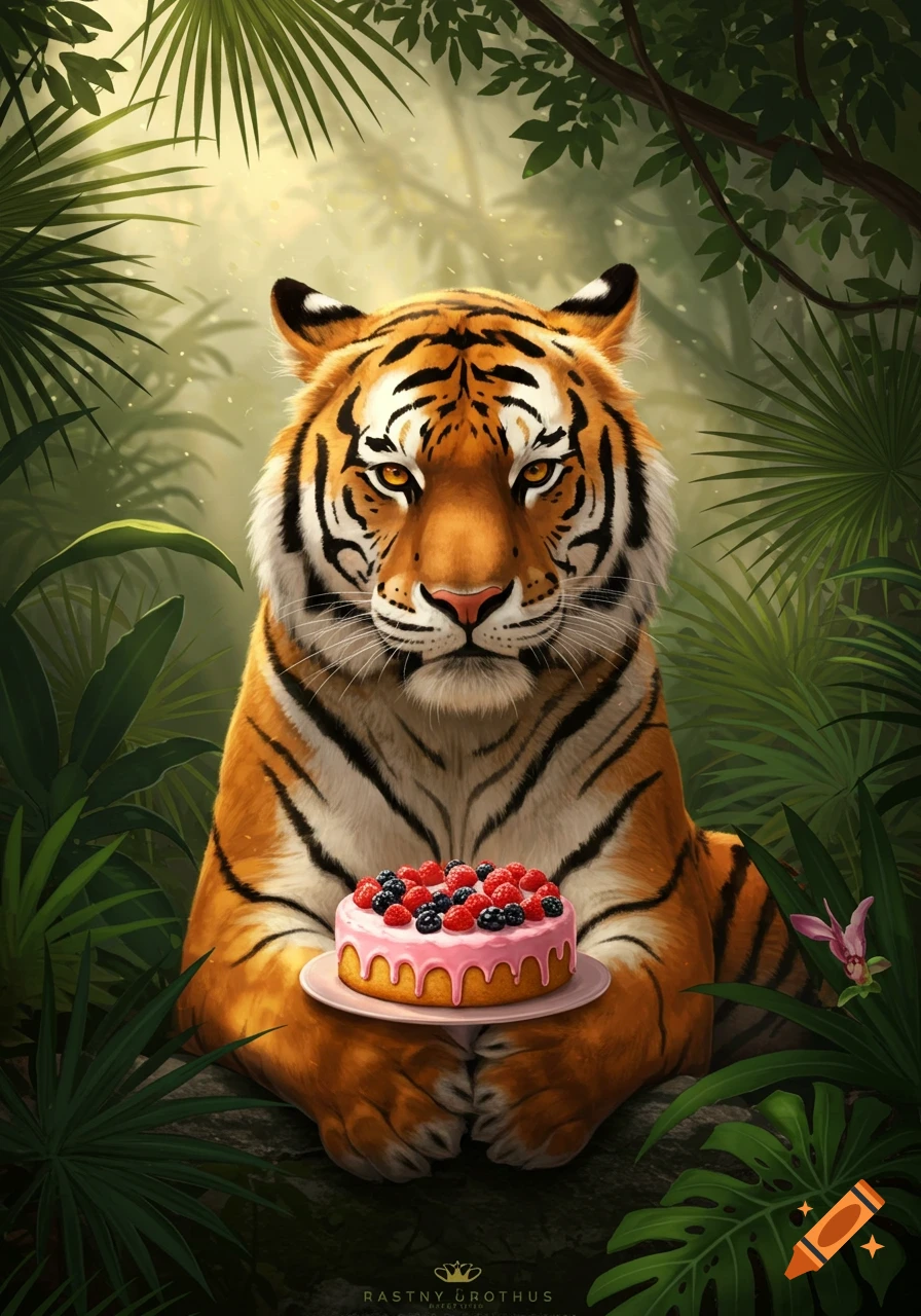 An illustrated tiger with orange and black stripes sits in a lush jungle, holding a pink cake topped with berries.