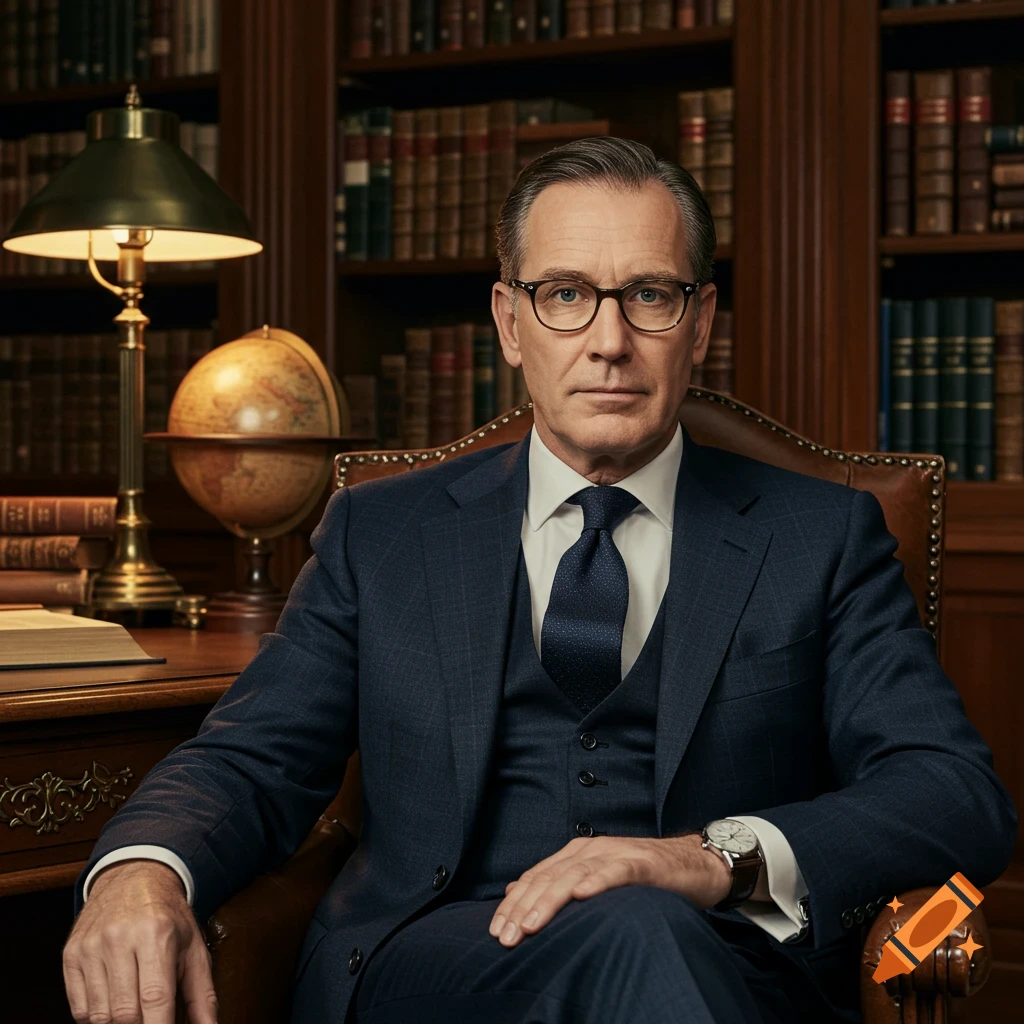 A serious-looking man in a navy suit and glasses sits in a leather armchair in a library.