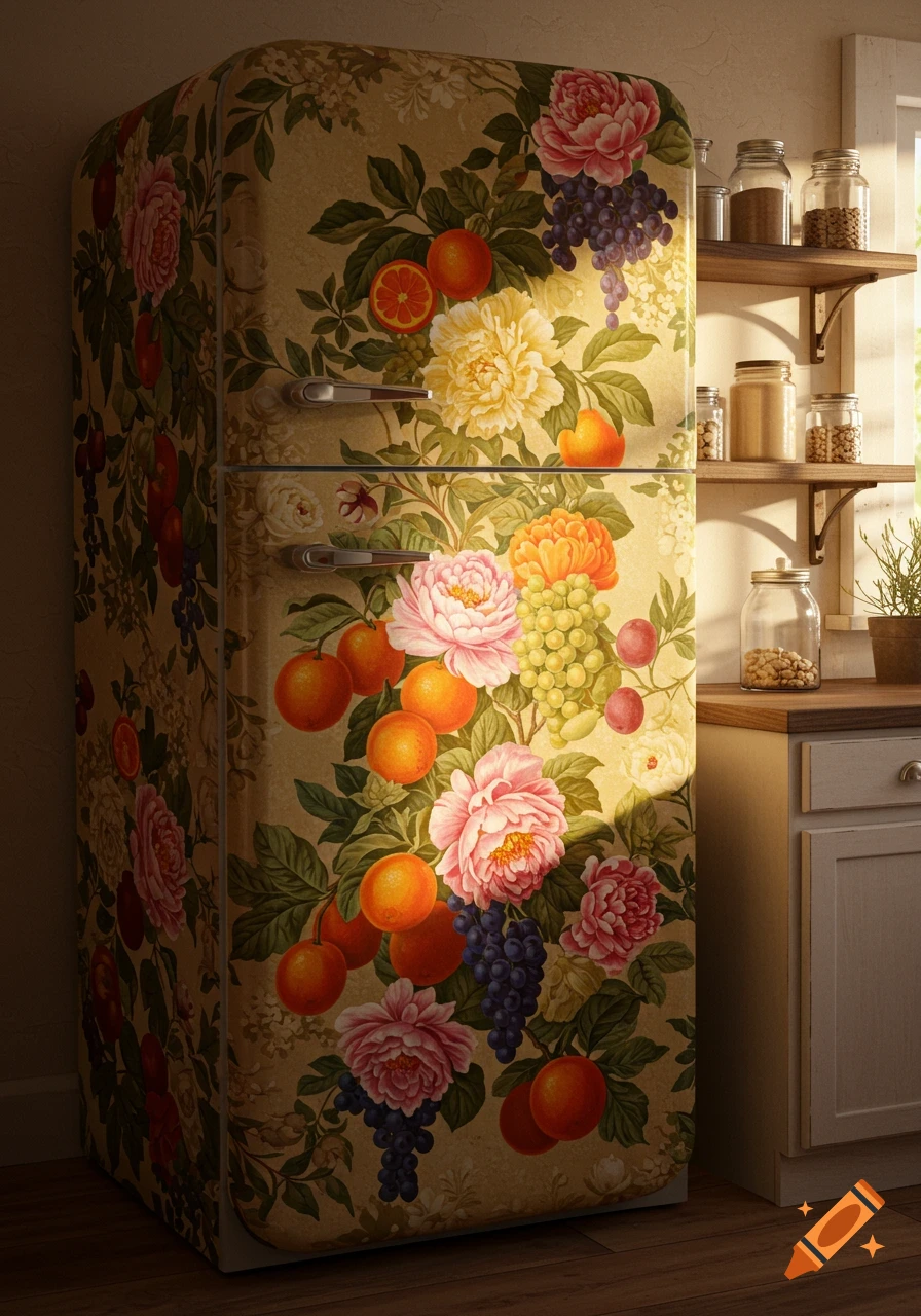 Photorealistic image of a vintage-style refrigerator adorned with colorful fruit and flower wallpaper, set in a sunlit kitchen.
