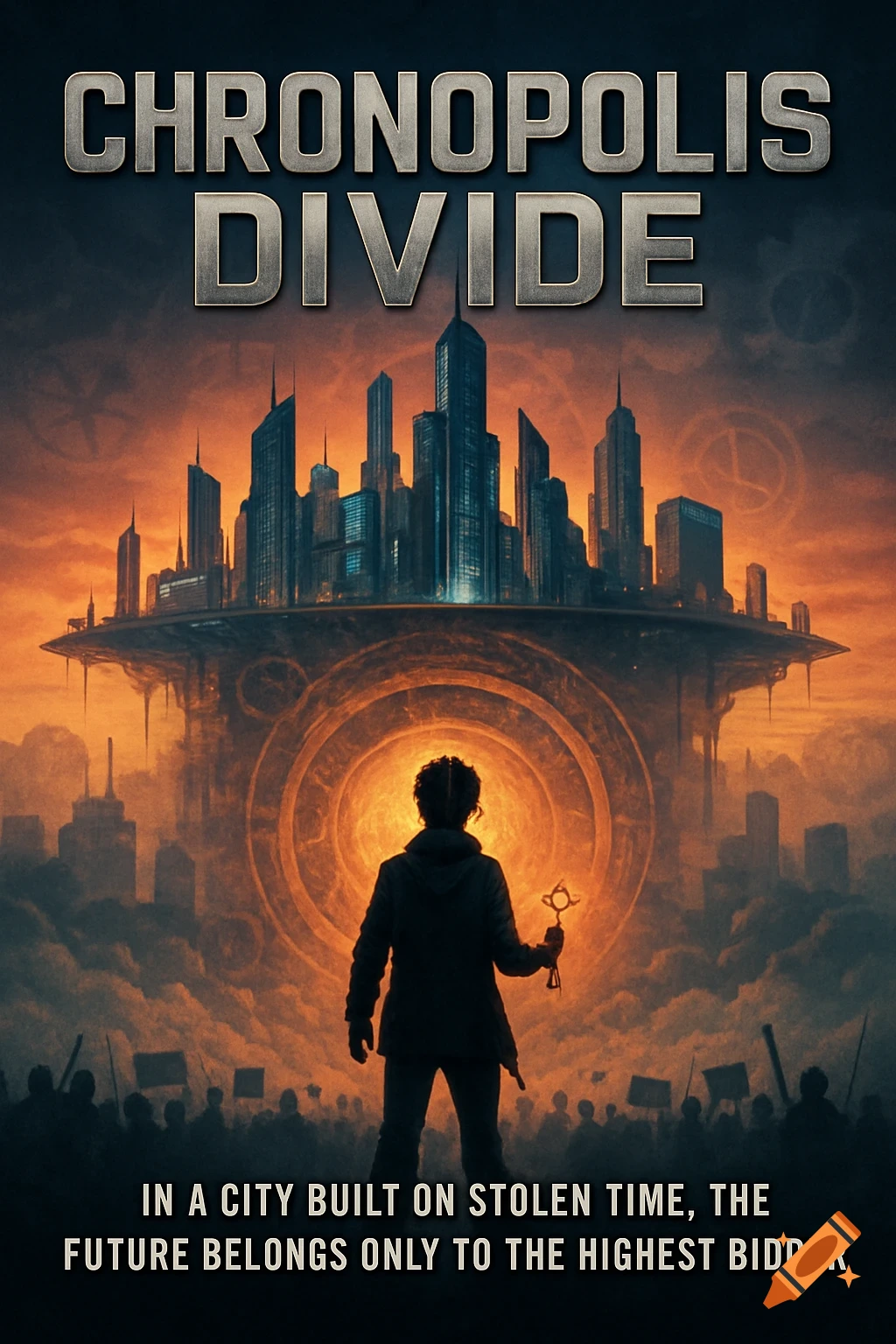 A dark silhouette of a person holding a key stands before a glowing, circular portal. Above them, a futuristic city on a floating platform is set against an orange, cloudy sky. Text reads 'Chronopolis Divide'.