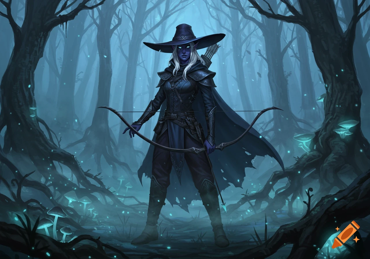 A blue-skinned drow ranger with white hair, wearing a wide-brimmed hat and dark armor, holds a bow in a glowing, misty fantasy forest.