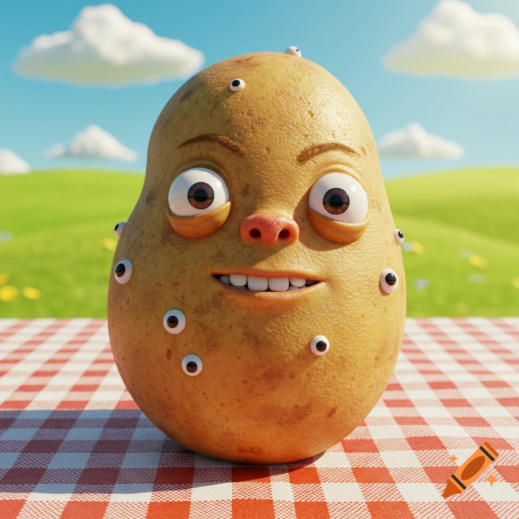 A 3D cartoon potato with a goofy face, big eyes, small nose, and many googly eyes on a picnic blanket.