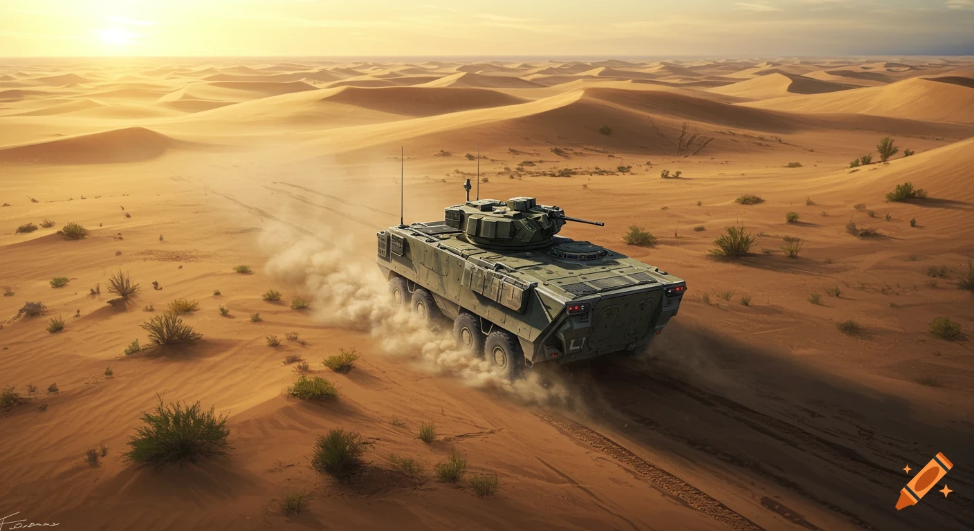 Photorealistic military armored personnel carrier drives through a sandy desert at sunset, kicking up dust.