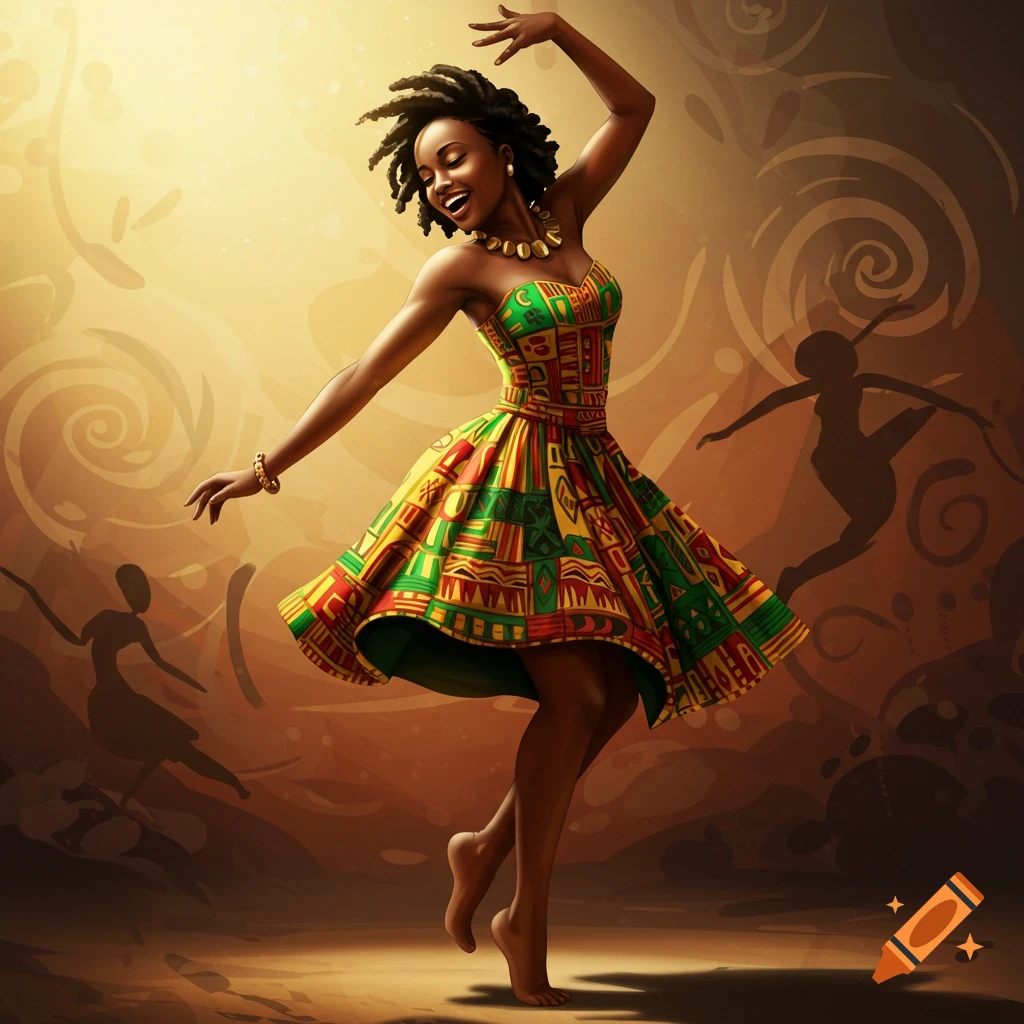 A Black woman with dreadlocks dances barefoot in a vibrant, patterned strapless dress, against a warm, stylized background with silhouettes.