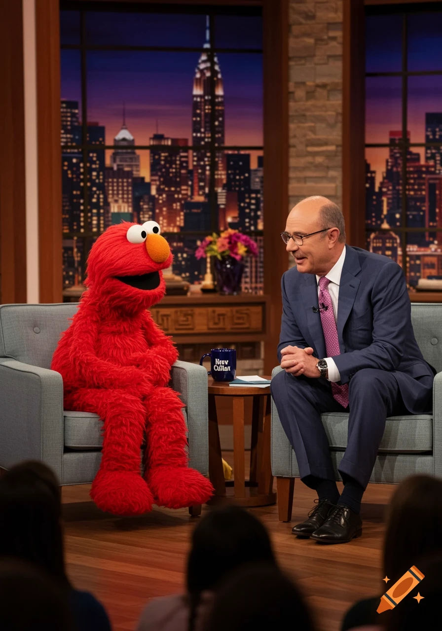 Elmo sits opposite a man in a suit on a television talk show set with a cityscape backdrop at dusk.
