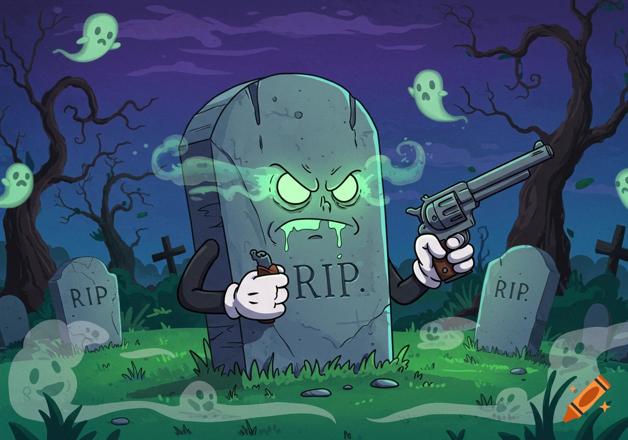 A cartoon tombstone character with glowing green eyes and drool, holding a revolver and a lighter in a spooky graveyard with ghosts.