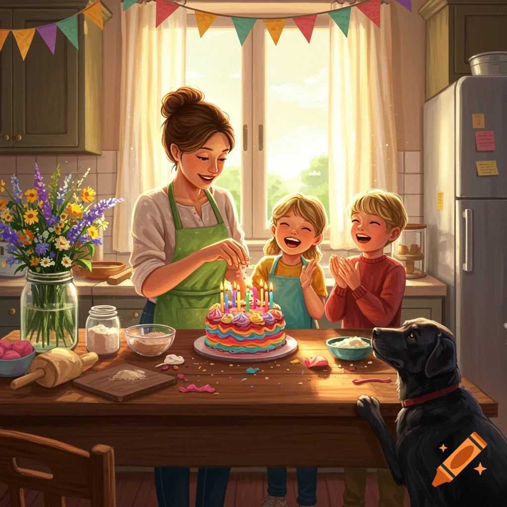 A mother lights candles on a colorful birthday cake while two happy children clap in a bright kitchen with a black labrador.