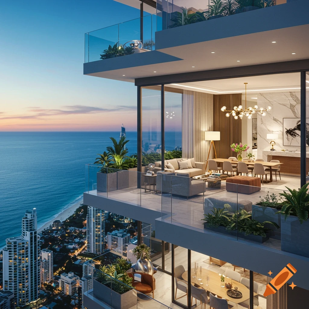 Photorealistic view of a luxury apartment balcony overlooking the ocean and a city skyline at sunset.